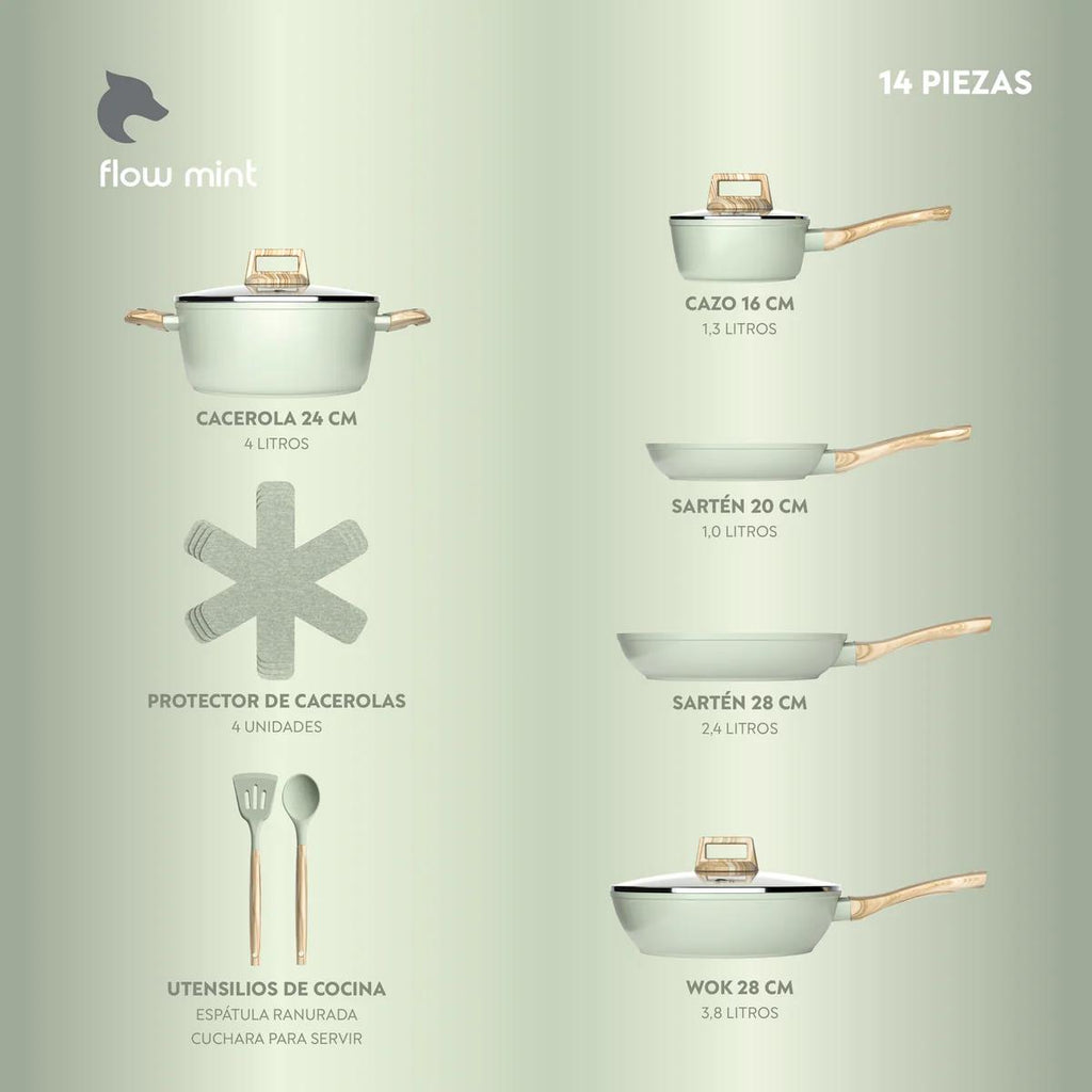 Batería Cocina 14Pzs Aluminio Forjado Antiadherente Flow Verde