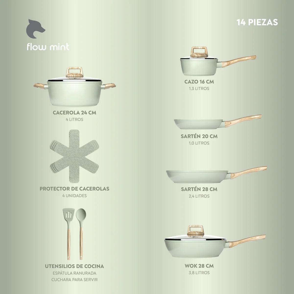 Batería Cocina 14Pzs Aluminio Forjado Antiadherente Flow Verde