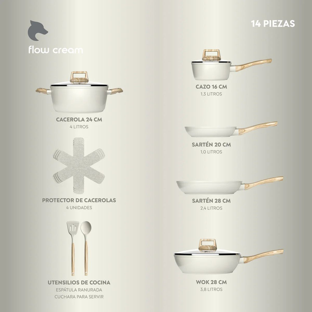 Bateria Cocina 14Pzs Aluminio Forjado Antiadherente Flow Beige