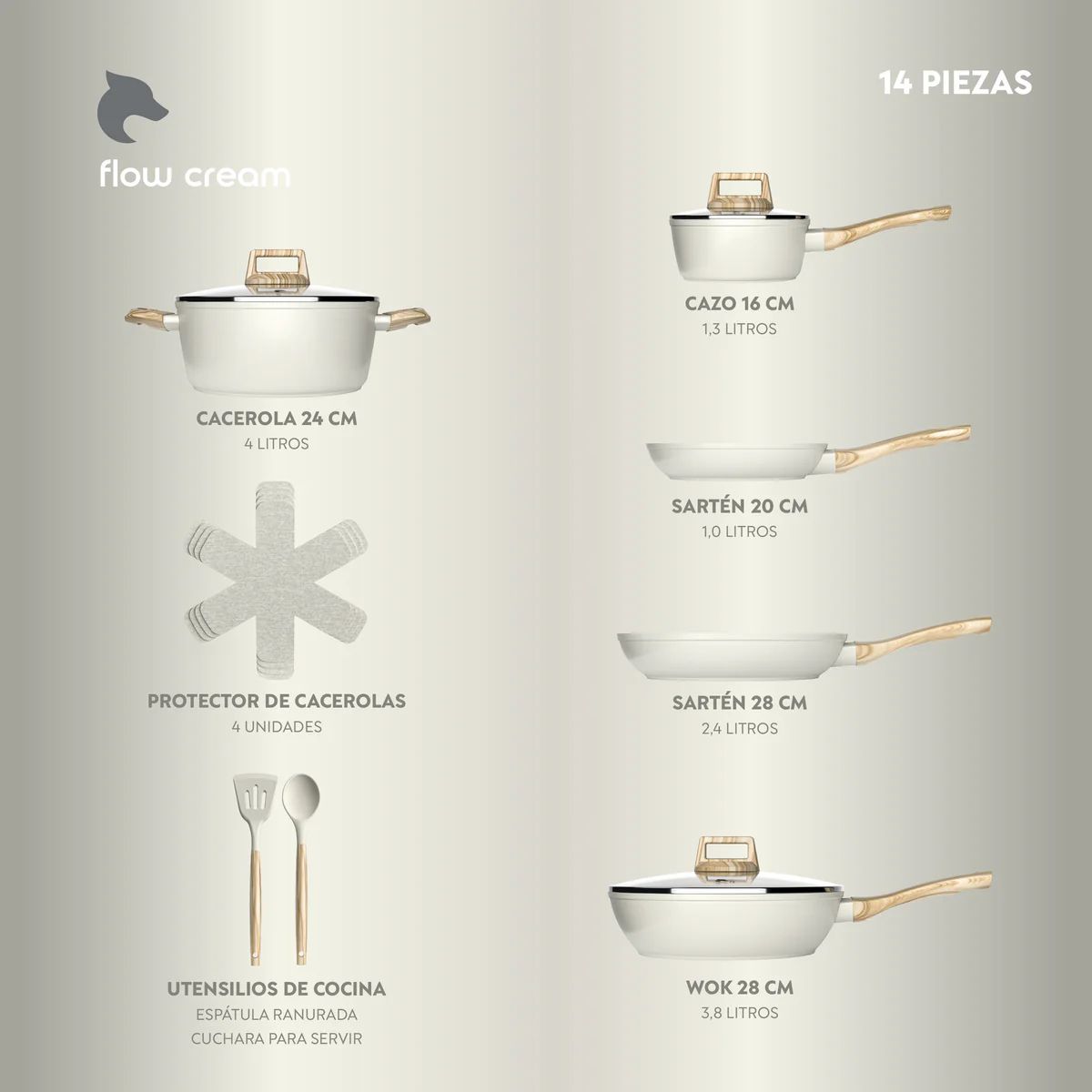 Bateria Cocina 14Pzs Aluminio Forjado Antiadherente Flow Beige