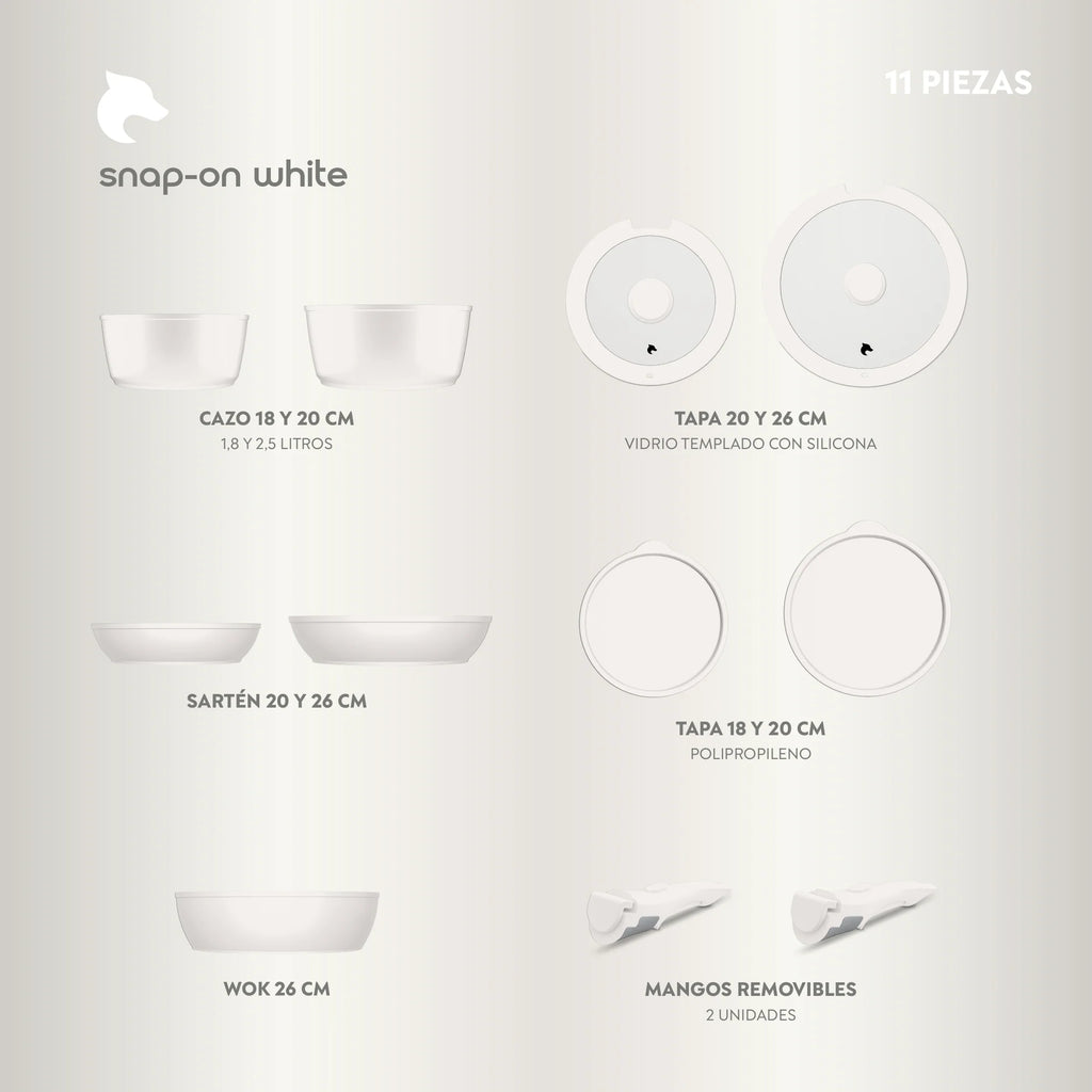 Batería de Cocina 11 Piezas Aluminio Forjado Snap-On White