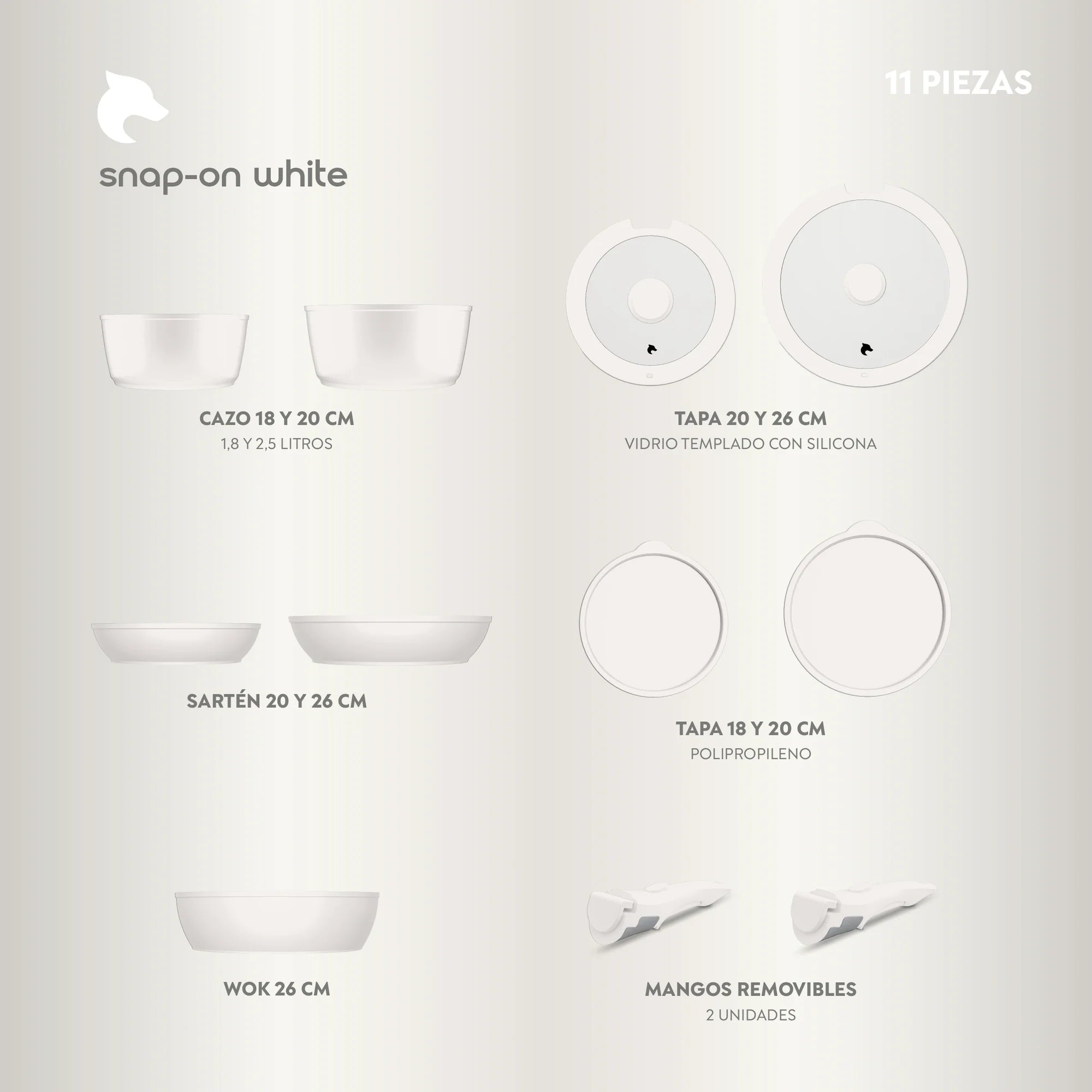 Batería de Cocina 11 Piezas Aluminio Forjado Snap-On White