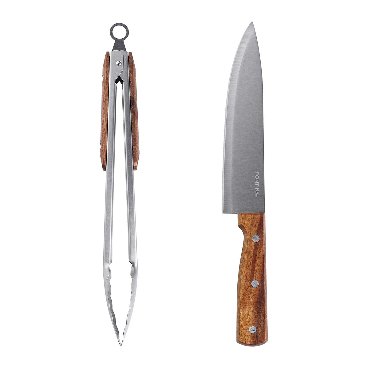 Set Parrillero Fontina 2 Piezas Acero Inoxidable Cuchillo + Tenazas
